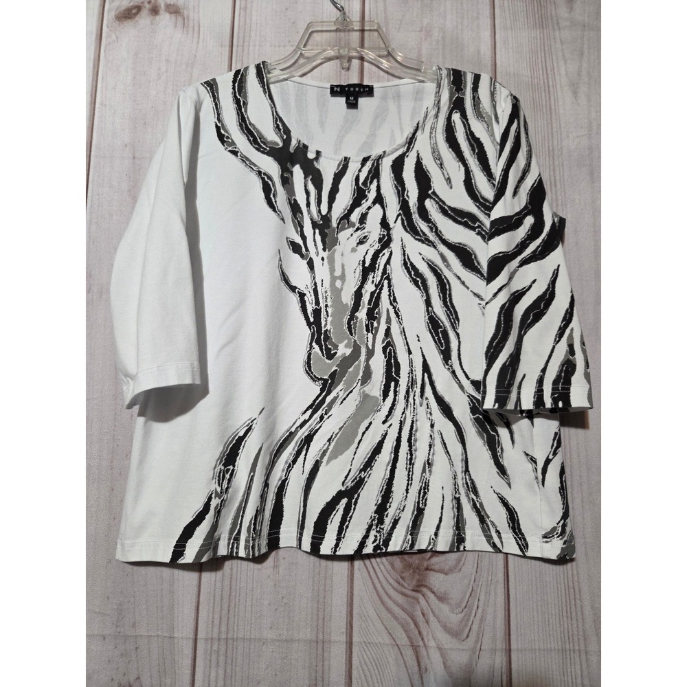 N Touch Womens Zebra Print 3/4 Sleeve Top White Black Scoop Neck  Medium